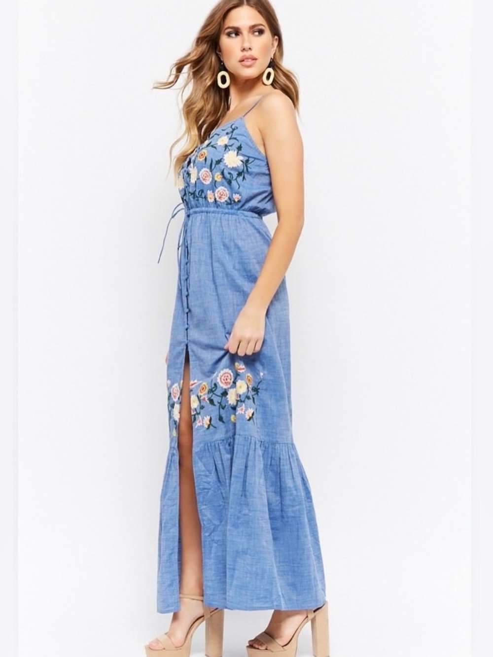 Forever 21 Denim Chambray Embroidered Floral Spaghetti-Strap Dress